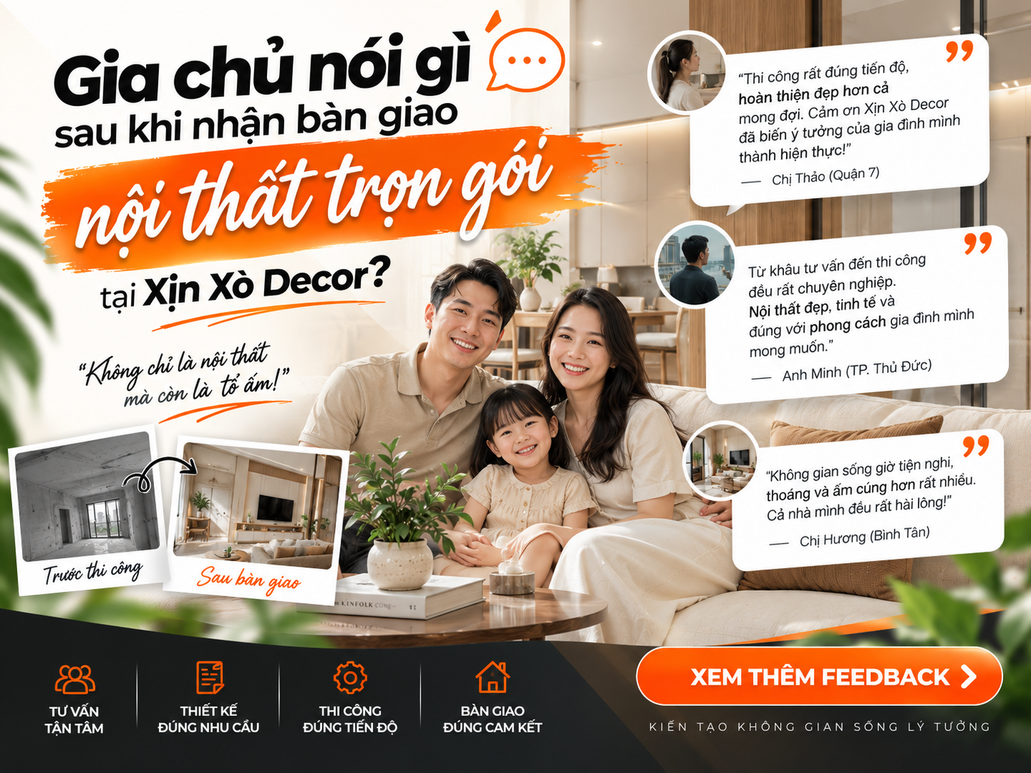 Gia chủ nói gì sau khi nhận bàn giao nội thất trọn gói tại Xịn Xò Decor?